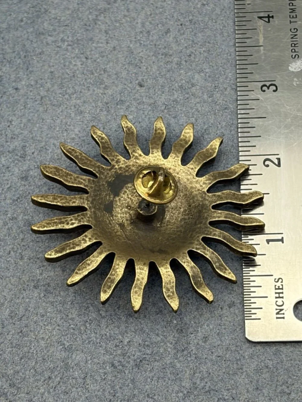 Sun Face Pin Brooch 3 In Brass Radiating Rays Artisan Vintage Gold Retro Texture